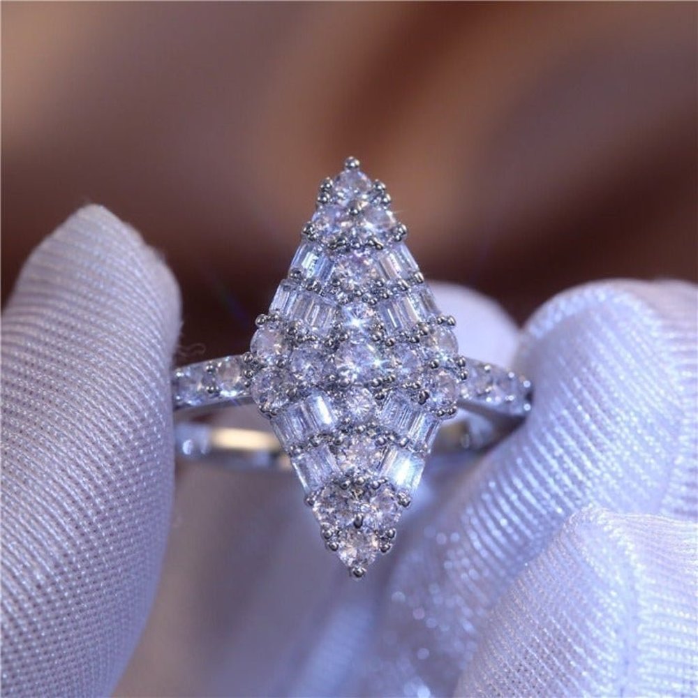 "Trendy Rhombus Flower Rectangle Gemstone Zircon Rings for Women, PD158
